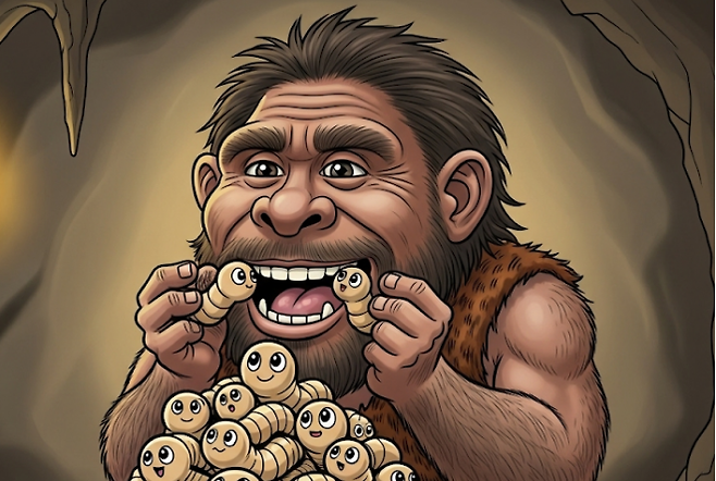 구더기를 섭취하는 네안데르탈인을 인공지능(AI)으로 재현한 상상도.