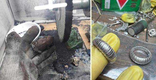 서울 종로구 소재 한 주얼리공장에서 노동자가 귀금속을 만드는 모습. 귀금속 광택을 내는 광택기(왼쪽 사진) 작업을 하면 면장갑이 금세 찢어지고 까만 금속가루가 온몸을 덮는다. 귀금속을 늘리고 자르는 가공 작업(오른쪽)은 노동자의 손에 귀금속을 끼어 넣고 공구를 이용해 작업한다. 이 과정에서 손가락이 잘리는 사고를 당한 노동자도 있다. 금속노조 주얼리분회 제공