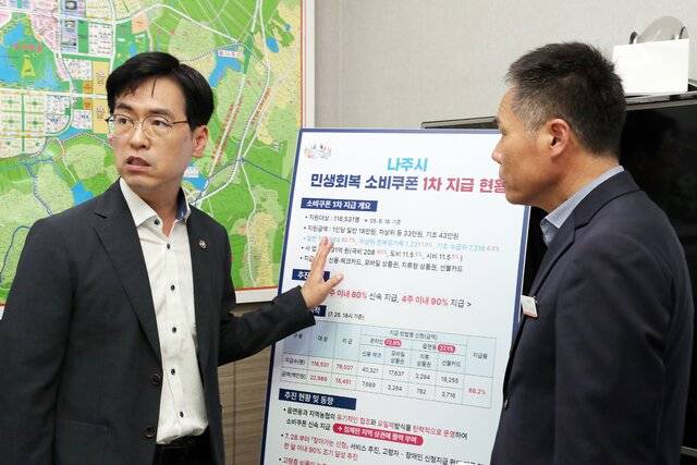 김민재 행정안전부 차관(왼쪽)이 28일 전남 나주시 빛가람동 행복지원센터를 찾아 민생회복 소비쿠폰 사용현황을 점검하고 있다. 연합뉴스
