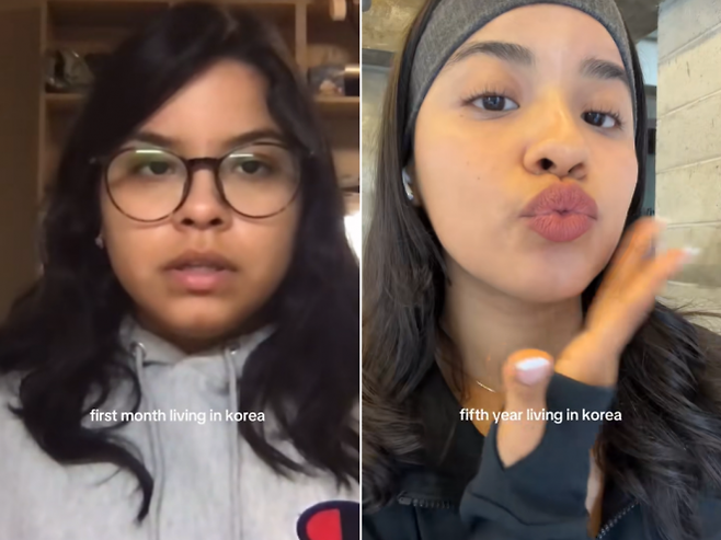 한국에 거주하는 한 외국인 여성이 지난해 6월 자신의 채널에 올린 짧은 영상 속 한국 생활 전후 비교 모습. 틱톡 채널 ‘valeeedgal’ 캡처