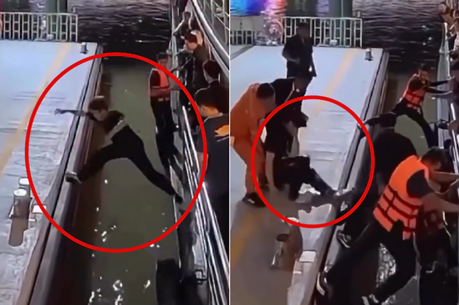 이달 초 태국 방콕의 차오프라야강 선착장에서 한국인 관광객이 선착장으로 들어서는 배에서 급하게 뛰어내려 직원들에게 구조됐다. 사진=방콕포스트 인스타그램/틱톡(@jumbok7) 캡처
