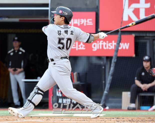 20일 오후 수원 KT위즈파크에서 열린 2025 프로야구 KIA와 KT 경기. KT 강백호가 1회 1타점 적시타를 날리고 있다. 수원=정시종 기자 /2025.05.20.