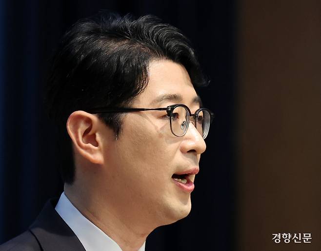 주진우 국민의힘 의원이 지난 24일 국회 소통관에서 당대표 출마 기자회견을 하고 있다. 박민규 선임기자