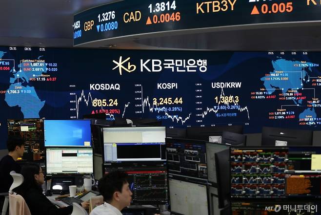 31일 오후 서울 여의도 KB국민은행 스마트딜링룸에서 딜러들이 업무를 하고 있다. /사진=뉴시스