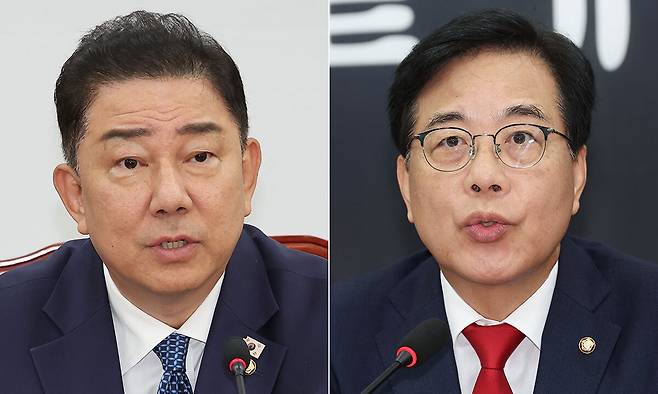 더불어민주당 김병기 원내대표 겸 당 대표 직무대행(왼쪽), 국민의힘 송언석 비상대책위원장 겸 원내대표. 연합뉴스