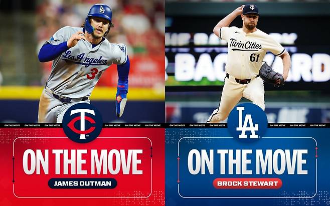 LA 다저스와 미네소타 트윈스가 제임스 아웃맨(왼쪽)과 브록 스튜어트의 일대일 트레이드에 합의했다. /사진=MLB.com 공식 SNS 갈무리