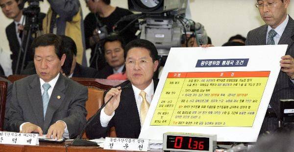 2008년 5월 7일 국회 농림해양수산위원회에서 열린 '쇠고기 시장 전면개방 진상규명 및 대책 마련을 위한 청문회'에 국민들의 관심이 쏠린 가운데 정운천 농수산식품부 장관이 자료를 들고 나와 의원들의 질의에 답변하고 있다./조선일보