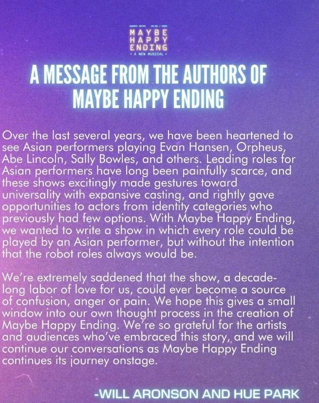 A statement posted by the producers of Maybe Happy Ending on July 31,2025./Maybe Happy Ending Instagram