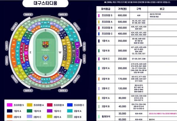 FC바르셀로나 대구 경기 티켓 가격 안내도. ⓒ디드라이브