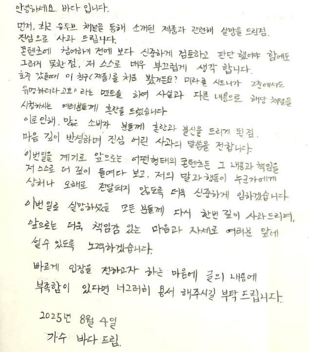 /사진=바다 유튜브 채널