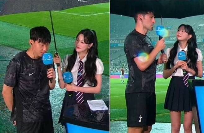 3일 서울월드컵경기장에서 토트넘과 뉴캐슬의 경기가 끝난 뒤 손흥민 선수가 인터뷰하고 있다. 토트넘의 벤 데이비스 선수도 경기를 마친 소감을 밝히고 있다(오른쪽). 출처=온라인 커뮤니티 갈무리