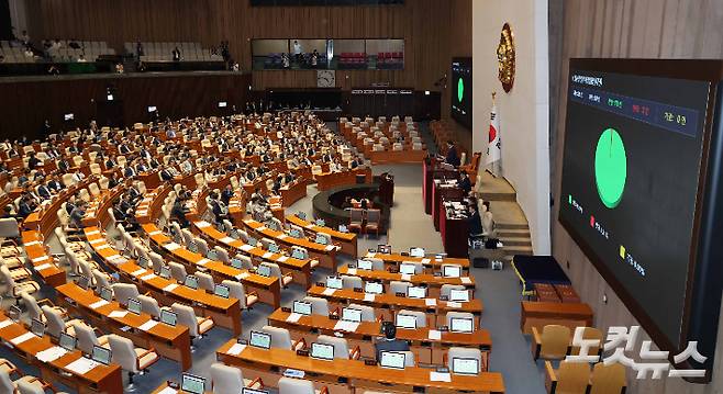 5일 서울 여의도 국회 본회의장에서 방송법 일부개정법률안(대안)이 국민의힘 의석이 비어 있는 가운데 통과되고 있다. 박종민 기자