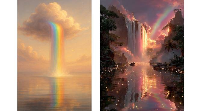 챗지피티(왼쪽)와 미드저니(오른쪽)로 그린 ‘파스텔톤 폭포’.