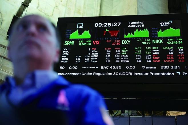 뉴욕증권거래소(NYSE) 현장. 8월 5일(현지시간) 오전 거래 시간 동안 트레이더들이 분주히 움직이는 가운데 주식시장 수치가 전광판에 표시되고 있다. 사진=연합뉴스