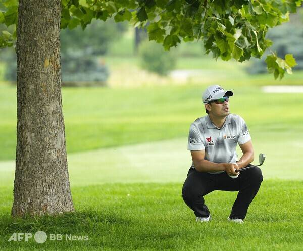 2025년 미국프로골프(PGA) 2부인 콘페리투어 피나클 뱅크 챔피언십에 출전한 김비오 프로. 나무 아래 러프에서 샷을 한 뒤 공 방향을 확인하는 모습이다. 사진제공=ⓒAFPBBNews = News1