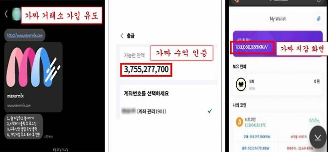 왼쪽부터 가짜 거래소 가입유도 글, 가짜 수익인증, 가짜 지갑화면.
