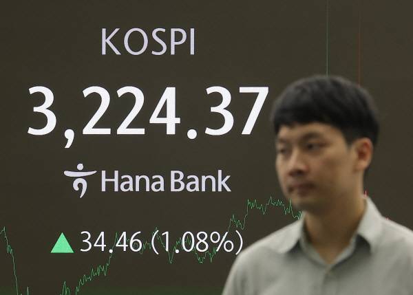 자료사진. 지난 13일 코스피가 전장보다 34.46p(1.08%) 오른 3224.37로 마감한 가운데 서울 중구 하나은행 딜링룸에서 딜러들이 업무를 보고 있다.연합뉴스