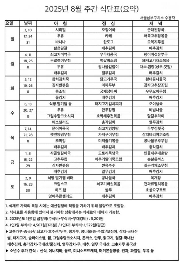 서울남부구치소 8월 식단표. 서울남부구치소