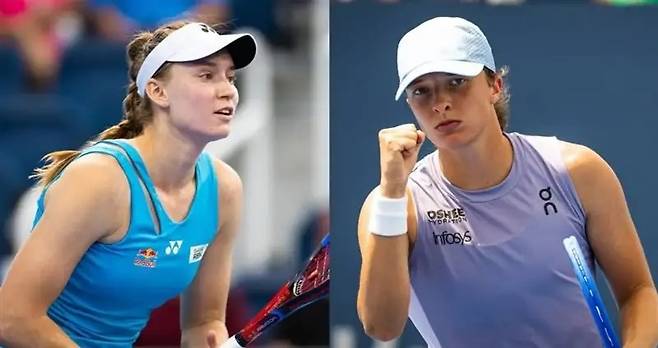 2025 신시내티오픈 여자단식 4강전에서 맞붙게 된 엘레나 리바키나(왼쪽)와 이가 시비옹테크. 사진/WTA 투어