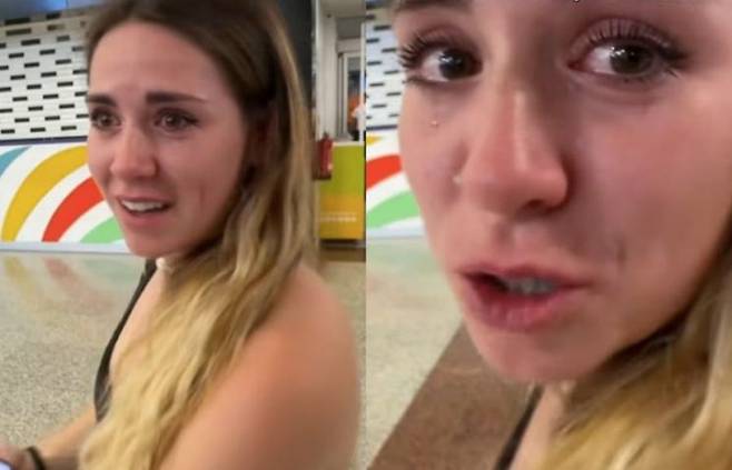 여성 여행객이 여행을 허가받지 못한 채 공항을 걸어가며 눈물을 흘리고 있다. 틱톡