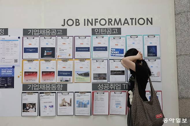 서울의 한 대학교 일자리센터에 붙은 채용공고판 아래로 한 학생이 지나가고 있다. 박형기 기자 oneshot@donga.com