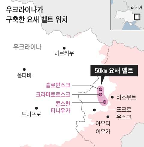 우크라이나 군이 2014년 이후 동부 도네츠크에 구축한, 주요 산업 도시를 잇는 50㎞ 요새 벨트. 러시아는 11년 동안 이 방어선을 뚫지 못했다. /ISW 그래픽=조선디자인랩 이연주