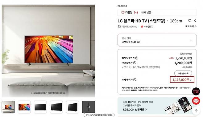 LG전자 자사몰인 LGE에서 오는 31일까지 판매중인 TV 제품. 최종혜택가 111만6000원에서 10% 추가 환급을 받게되면 최종 구매 가격은 99만원대다. LGE 화면 캡쳐.