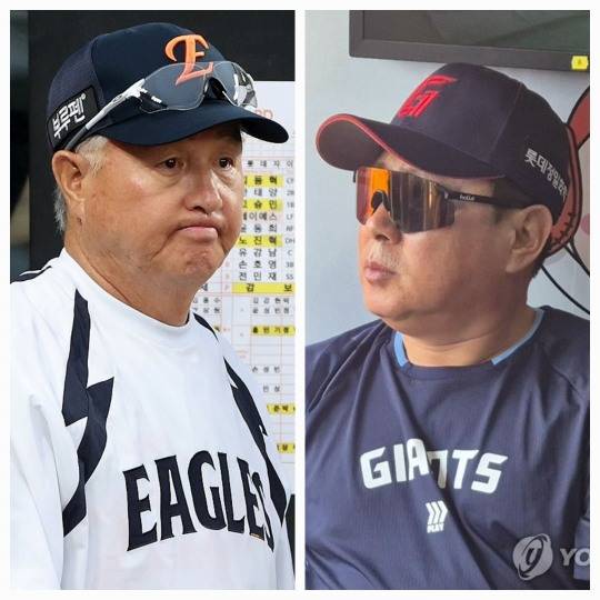 김경문 환화 감독(왼쪽)과 김태형 롯데 감독