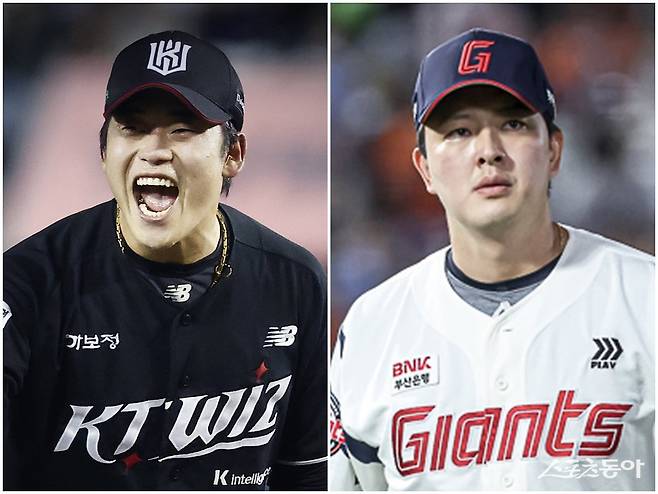 KT 박영현(왼쪽)과 롯데 김원중의 세이브 부문 선두 경쟁이 점입가경이다. 둘은 올 시즌 역전과 재역전을 거듭하며 치열한 경쟁을 벌이고 있다. 사진제공|KT 위즈·롯데 자이언츠