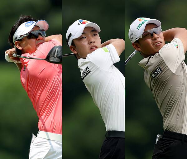 2025년 한국프로골프(KPGA) 투어 동아회원권그룹 오픈 우승 경쟁에 뛰어든 박상현, 송민혁, 문도엽 프로가 3라운드에서 경기하는 모습이다. 사진제공=KPGA