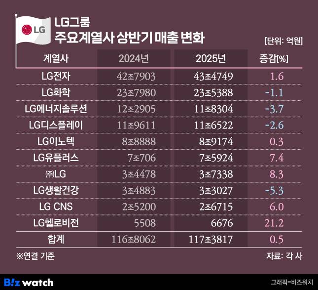 LG그룹 주요 계열사 상반기 매출 변화./그래픽=비즈워치