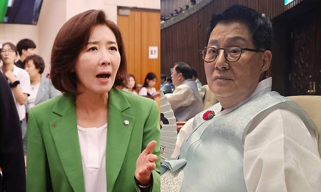 2일 국회 법제사법위원회에서 항의하고 있는 나경원 국민의힘 의원. 1일 국회 본회의에 한복을 입고 온 박지원 더불어민주당 의원. 연합뉴스, 박지원 의원 페이스북 갈무리