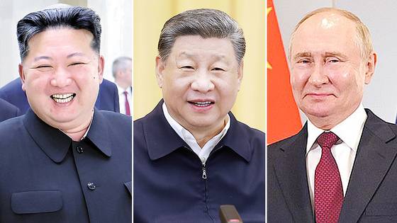 왼쪽부터 김정은 북한 국무위원장, 시진핑 중국 국가주석, 블라디미르 푸틴 러시아 대통령. 조선중앙통신·로이터 = 연합뉴스