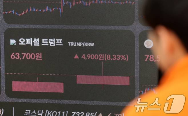 지난 1월 22일 서울 서초구 빗썸라운지 전광판에 도널드 트럼프 미국 대통령이 발행한 밈 코인 '오피셜 트럼프(TRUMP)' 시세가 표시되고 있다. 당시 6만원대에 거래되던 오피셜트럼프는 현재 1만원대로 하락한 상태다. 2025.1.22/뉴스1 ⓒ News1 임세영 기자