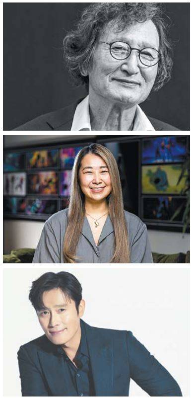 위부터 정지영·매기 강 감독. 배우 이병헌.