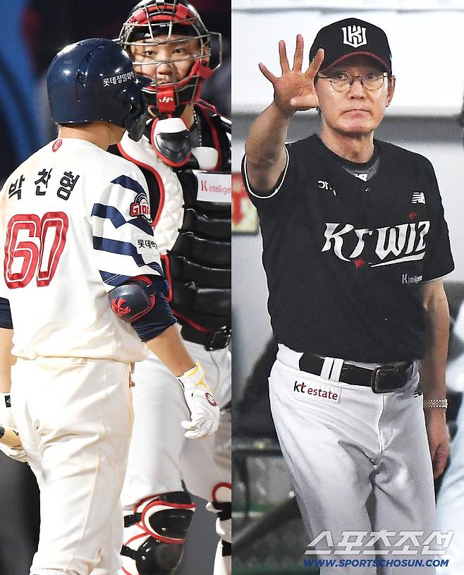 28일 부산 사직구장에서 열린 KT-롯데전. 11회말 2사 1, 3루 박찬형 타석. 이강철 감독이 자동고의4구를 지시하고 있다. 부산=정재근 기자 cjg@sportschosun.com/2025.8.28/