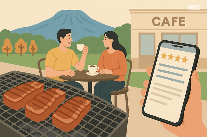 흑돼지·카페·리뷰. 해외 소셜 데이터가 보여준 제주 미식의 선택 기준을 상징적으로 표현한 이미지.