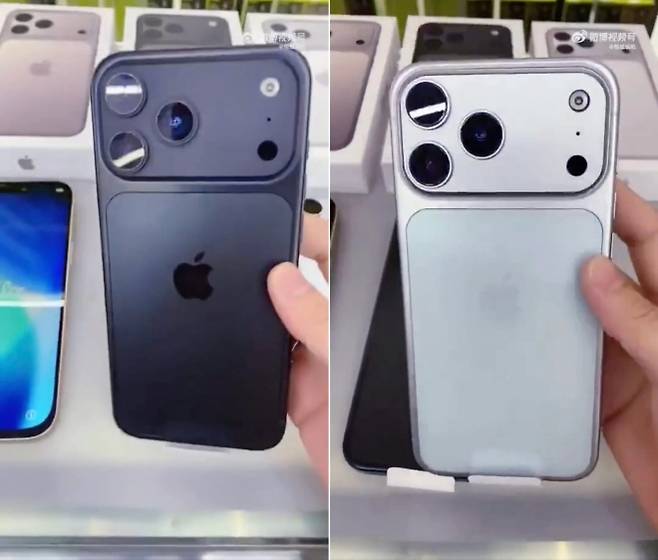 웨이보에 퍼진 아이폰17 프로맥스 추정 모델의 후면. 애플 특유의 심플함 대신 거대한 카메라 바와 사각 인레이 패널이 적용돼 ‘혁신이냐 괴작이냐’ 논란을 불러왔다. 출처=웨이보