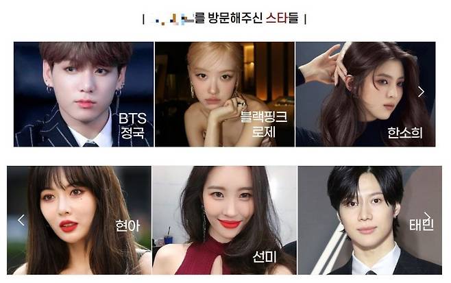 A 업체 홈페이지에 게시된 스타들 사진. 현재 BTS정국, 한소희, 최유정 사진은 삭제된 상태다(동물자유연대 제공). ⓒ 뉴스1