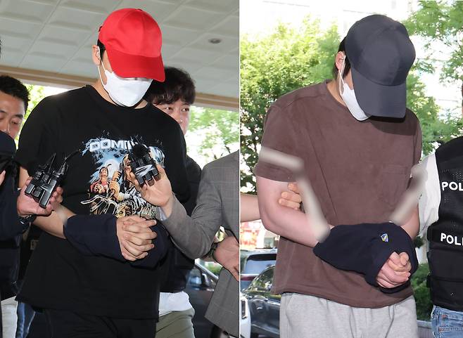 초등학생들을 유괴하려 한 혐의로 긴급체포된 20대 남성 3명 중 A씨와 B씨가 5일 오전 서울 마포구 서울서부지방법원에서 열린 구속 전 피의자심문(영장실질심사)에 출석하고 있다. /뉴스1