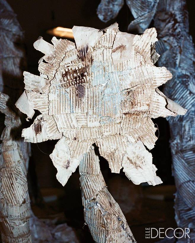 카드보드 플라워 조각 등 파예 투굿의 디자인 오브제와 재료.