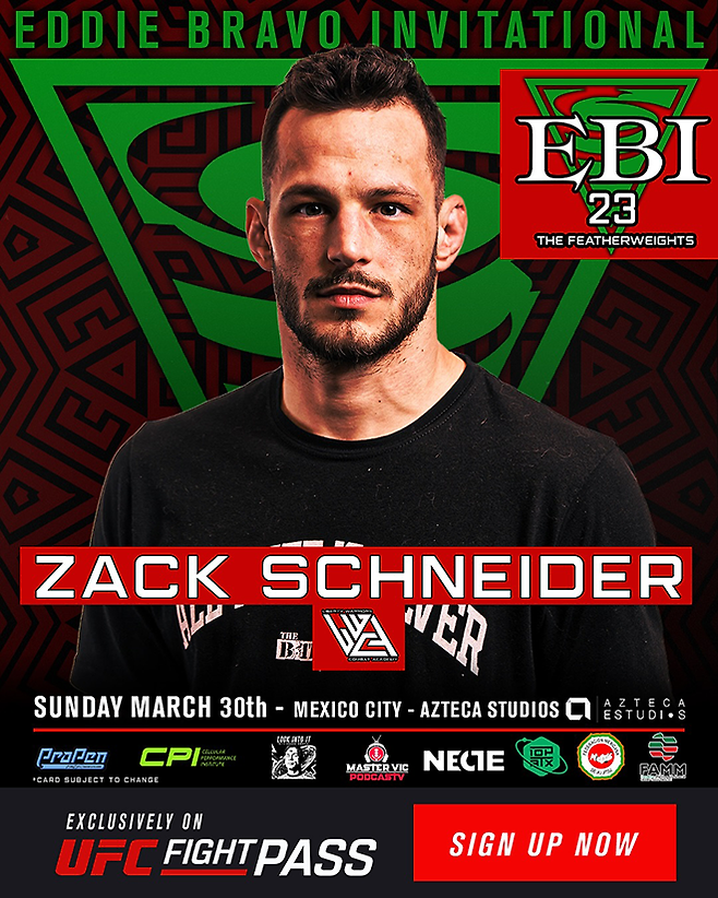 2023 컴뱃 주짓수 밴텀급 월드 토너먼트 준우승자 잭 슈나이더는 2025년 3월 에디 브라보 초청 그래플링 페더급 16강 토너먼트에 참가했다. 글로벌 OTT 서비스 UFC Fight Pass로 세계 200여 국가에 생중계됐다. 사진=EBI 23: The Featherweights 프로필