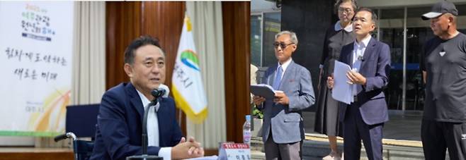 신청사 부지선정과 관련해 이충우 현 여주시장(왼쪽)과 이항진 전 시장의 기자회견 모습. /사진제공=공동취재단