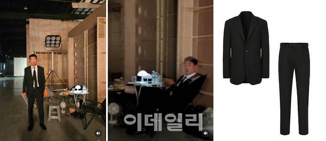 하정우가 알레그리 수트를 착용한 모습(왼쪽 두개)과 알레그리 제품 이미지 (사진=하정우 인스타그램 캡처, 알레그리 홈페이지 캡처)