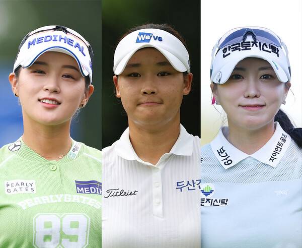 2025년 한국여자프로골프(KLPGA) 투어 메이저 대회 KB금융 스타챔피언십에 출전한 박현경, 김민솔, 조아연 프로. 사진제공=KLPGA (사진을 무단으로 사용하지 마십시오.)