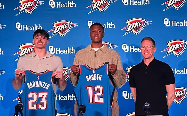 <yonhap photo-1407=""> Oklahoma City Thunder draft picks, from left, Brooks Barnhizer and Thomas Sorber, center, pose with general manager Sam Presti during an NBA basketball news conference, Saturday, June 28, 2025, in Oklahoma City. (AP Photo/Cliff Brunt)/2025-06-29 07:00:06/ <저작권자 ⓒ 1980-2025 ㈜연합뉴스. 무단 전재 재배포 금지, AI 학습 및 활용 금지></yonhap>