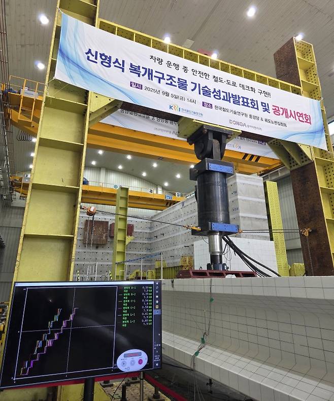 5일 경기 의왕시 한국철도기술연구원 실대형통합성능실험동에서 복개구조물의 상부 구성요소인 거더에 하중을 가해 안전성을 검증하는 실험이 진행 중이다. 이병구 기자 2bottle9@donga.com
