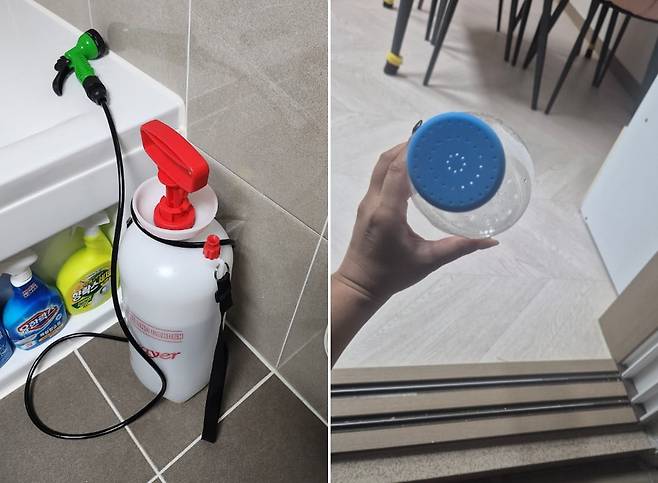 강릉 시민들이 페트병에 물조리개 꼭지를 부착하고, 캠핑용 샤워기를 이용하는 등 절수 방법을 공유하고 있다. /강릉 지역 맘카페