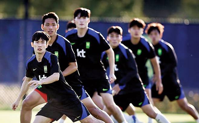 한국 축구대표팀 선수들이 8일(한국시간) 미국 테네시주 내슈빌의 내슈빌SC 훈련장에서 멕시코와의 경기를 앞두고 훈련을 하고 있다. 대한축구협회 제공