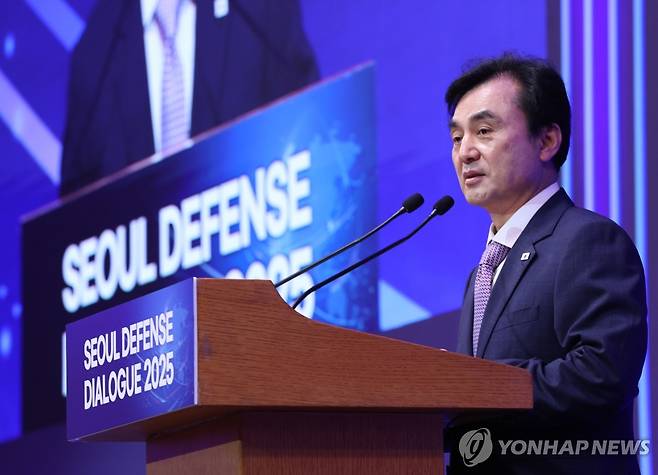 개회사 하는 안규백 장관 (서울=연합뉴스) 이동해 기자 = 안규백 국방부 장관이 9일 서울 중구 롯데호텔에서 열린 2025 서울안보대화 개회식에서 개회사를 하고 있다. 2025.9.9 eastsea@yna.co.kr